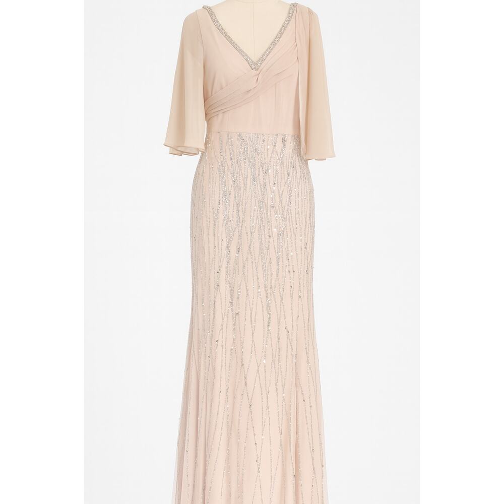 Oleg Cassini Nude Blush Pink Silver Sequin Beaded Formal Gown – Size 2